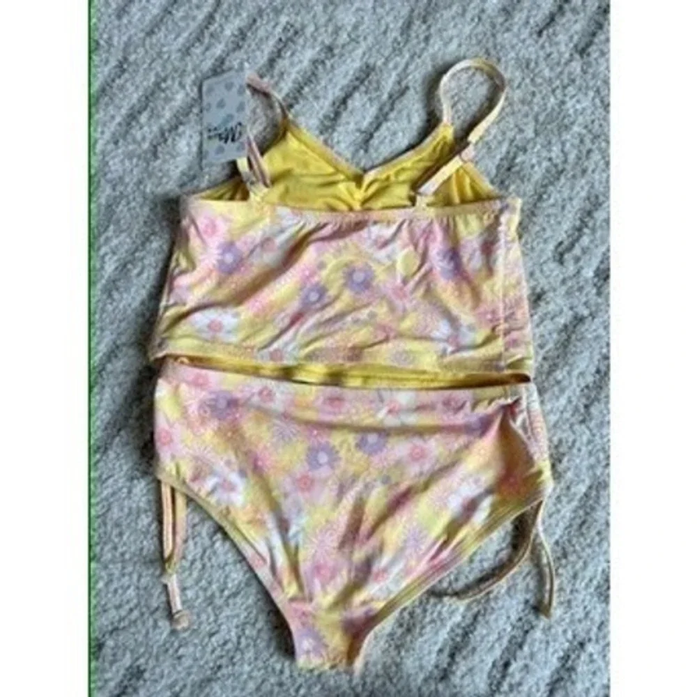 Miken‎ Swim Girls Yellow Floral Tankini Two Piece Swimsuit Set Size 14 NWT
